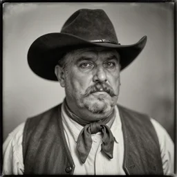 daguerreotype of a retired wild west gunslinger, obese, three day growth, balding, alcoholic, alcoholic nose, bloodshot eyes, handlebar moustache, cowboy hat