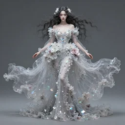 fullbody artwork of a pretty goddess of dreams, wearing a long flowery dress, intricate, prism, flowey, wispy, wide hips, attractive character, gothic, intangible, dreamy, Character concept by Charlie Bowater, Anna Dittmann, WLOP, Rumiko Takahashi, Akihiko Yoshida, Hyung-tae Kim, alexander mcqueen, trending on Artstation
