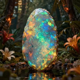 iridescent opal monolith made of opal, moody, warm tones, water reflection, opalescent lush tropical forest with flowers : : dan mcpharlin, daniel merrian : : ornate, dynamic, particulate, rich colors, intricate, elegant, highly detailed, centered, artstation, smooth, sharp focus, octane render, d