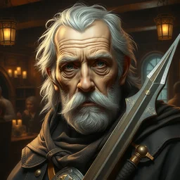 an old man as a dnd knight in a fantasy tavern, closeup portrait, by donato giancola, symmetry!!