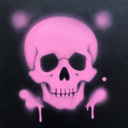 a pink cartoon skull spray painted on a black background with dripping pink spray paint, three fourths view, graffiti, black background!!!!!