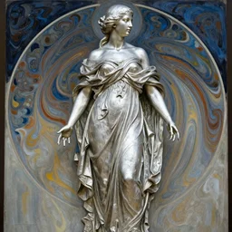 bald silver woman statue, clothed, paint swirling around, alphonse mucha, john howe