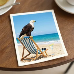 postcard showing 'a cool sea eagle perched on a beach chair with sunglasses and a martini' laying on coffee table