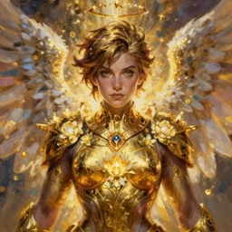 full body oil painting of tracer overwatch in the style of sophie anderson, angel wings, angelic golden armor, dramatic painting, symmetrical composition, ornate, high detail, gold detailed collar, gold collar, gold choker, blooming, lights, flowers, detailed face,