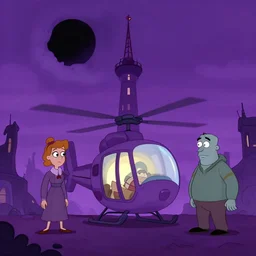 abigail larson, saul bass, don bluth, purple color pallete, welcome to night vale, radio tower with black hole above it, helicopter, spooky strange weird quirky, cartoon, 2 d, chiral lighting