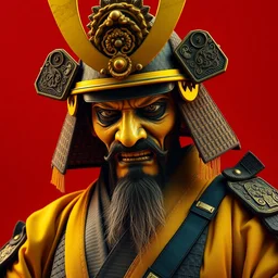 old samurai, with vibrant yellow colors, surreal, a french baroque by alexander mcqueen, very detailed, photograph, cinematic lighting, photorealistic, octane render, no red background