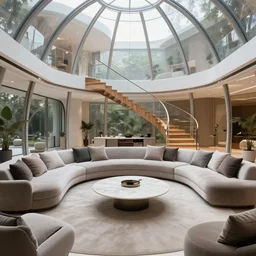 A futuristic living room in a glass dome with curved wooden stairs going upstairs in the back of the living room, a big luxurious U shaped sofa and a white marble table in the center of the living room, professional interior design photograph, wide angle photograph, 8k resolution, hyper detailed