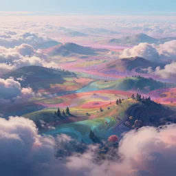 a psychedelic realm with rolling plains made out of clouds, in the style of wlop, illustration, epic, fantasy, hyper detailed, smooth, unreal engine, sharp focus, ray tracing