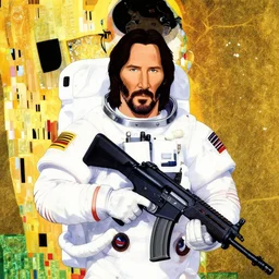 portrait of Keanu Reeves astronaut man holding an assault rifle cannon, humanoid, murata range, last exile, ilya kuvshinov,  Kyoto animation,  concept art, yoshitoshi abe, katsura masakazu,tsutomu nihei, gustav klimt,loish, kawaii, studio lighting, manga, bright colors, anime,beautiful, 35mm lens,noir, vibrant high contrast, gradation, jean giraud, moebius, fantasy, rule of thirds, fibonacci, intricate, cel shaded, flat, matte print, smooth,artstation, soft eyes,concept art