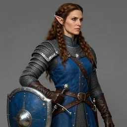 detail portrait of woman dressed chain mail, blue surcoat, female, strong, middle age, fantasy, digital art, awar winning, hand on the scabbard, shield down, leather gloves, wide belt, elf, long weaving brown hair, celshading, sharp focus, intricate, looks right by loles romero, greg rutkowski, ilya kuvshinov