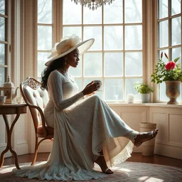 fantasy, glow, shimmer, beautiful black victorian woman in a long white frilly lace dress and a large white hat, cow hoof feet, having tea in a sunroom