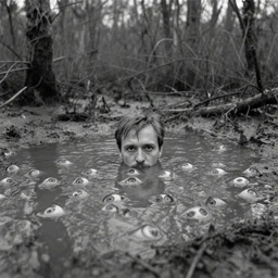 movie still by tarkovsky of 1 0 0 eyes floating in mud pond looking at the camera, swamp backround, cinestill 8 0 0 t 3 5 mm b & w, heavy grain, high quality, noir, natural textures, photorealistic, ambient occlusion, hd, ultra wide lens, anamorphic