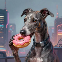 a portrait of an anthropomorphic cyberpunk greyhound dog eating a pink donut, cyberpunk!, cyberpunk cityscape background, fantasy, elegant, digital painting, artstation, concept art, matte, sharp focus, illustration, art by josan gonzalez