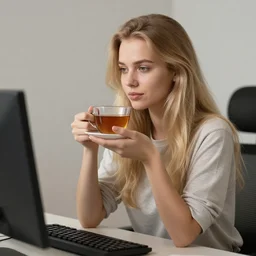 russian girl with long blond hair sitting at a keyboard holding a cup of tea, beautiful, hyper realistic