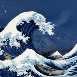 huge wave tsunami small boat starry background mountain in the style of Winslow Homer