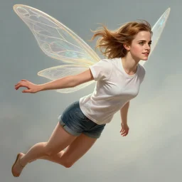 a photo of emma watson as flying fairy in a t - shirt and shorts, fantasy, intricate, beautiful, highly detailed, digital painting, artstation, concept art, smooth, high resolution, sharp focus, illustration