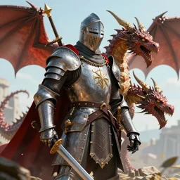 a knight in an epic battle with a dragon, digital art, highly detailed, realistic, bright colors, 8 k