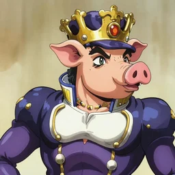 king with pig head on a thrown style of JoJo’s bizarre adventure. Award winning. Cel animation