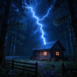 a ultra realistic blue lightning arc over a cabin in the wood, by night. horror movie scene, stars in the sky. cow fences. complex, highly detailed, unreal engine 5, 8 k render