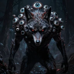 werewolf monster with many eyes. pulp science fiction. dark background