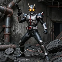 character portrait of a high fantasy gunslinger kamen rider standing in an abandoned coal mine doing a henshin pose, glowing eyes in helmet, glowing eyes, demonic dragon inspired armor, broken pipes, muted colors, tense atmosphere, good value control, matte painting, sharp focus, 8 k, rubber suit, pvc armor, dramatic lighting, frank frazetta