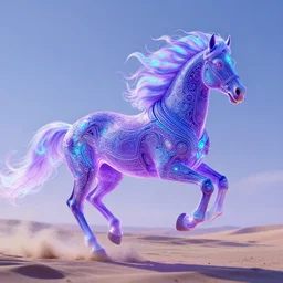 a stunning horse with bioluminescent mane and tail running in the sky by sandra chevrier and greg rutkowski, neon hooves, purple blue color scheme, vaporware, retro, outrun, high key lighting, volumetric light, digital art, highly detailed, fine detail, intricate, ornate, complex, octane render, unreal engine, photorealistic