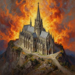 highly detailed oil painting, masterpiece, gothic cathedral on top of a mountain, fantasy, hell fire and sky, above view, top lighting, realistic shaded,