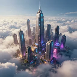 a ultra - realistic cg rendering of the cyberpunk city on the cloud, greg rutkowski and james gurney, huge buildings, neon lights, cloud, light effect, 8 k, unreal engine, trending on artstation, expansive view