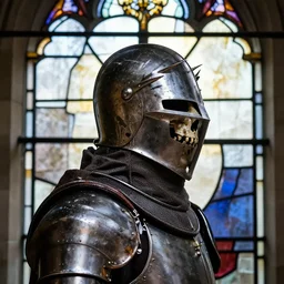 side - view portrait of a knight, skull helmet with spikes on top, gothic stained glass window, very masterful