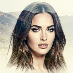 megan fox face creative double exposure effect blended with beautiful mountain scenery, medium sized tattoo sketch, amazing detail, trending on pinterest, in the style of brandon kidwell
