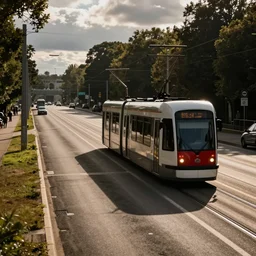 a tram on a busy motorway