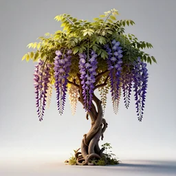 an isolated wisteria plant, full view, centered, cinematic rim lighting, 3 d render, art nouveau style, strong contrast, ultra realistic, transparent background, popular on sketchfab, pixelsquid, unreal engine, zbrush, vray, 8 k, volumetric, no blur, artstation, octane render, ultra detailed, hyperrealistic, by james gurney and alphonse mucha