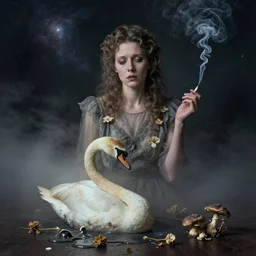 photographic portrait of sad max ernst woman swan dried melting floral fungus with spiraling cigarette smoke, wearing a dress, nebula, in fog
