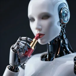 a robot using lipstick, highly detailed, deep focus, dramatic lighting, smooth, sharp focus, illustration, ultra realistic, 8 k