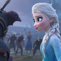 close up cinematic artwork of else from frozen staring down the enemy on the battlefield by Greg Rutkowski, 4k, masterpiece