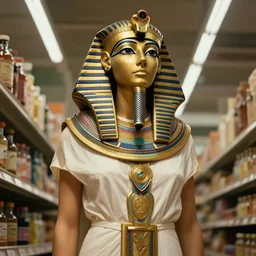 low angle photography cleopatra in a grocery store, deep focus, intricate, elegant, highly detailed, digital painting, artstation, concept art, matte, sharp focus, illustration, art by nan goldin, cinematographyby jom jarmusch