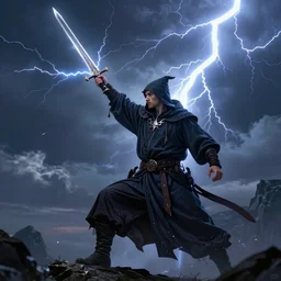 wizard holding a sword that’s pointed towards the sky, getting shocked by lightning, octane, trending on artstation, hyper realistic, highly detailed