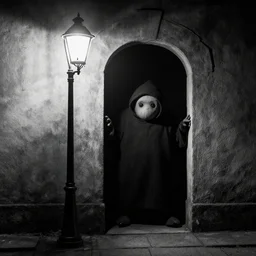the Babadook lurking underneath a street lamp in black and white