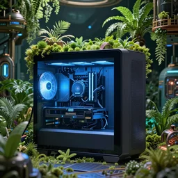 Solarpunk gaming PC, futuristic utopia, scifi, by Darren Bartley, Wojtek Fus, Frederic Bennett, green plants, blue light, small room, fine details, atmosphere, glow, extreme realistic, trending on artstation