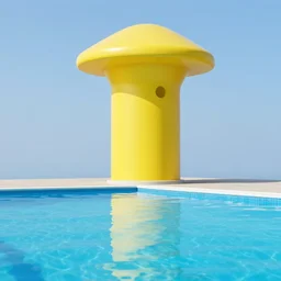 scene at the yellow 1 0 m tower of a swimming pool. a man in a crocodile costume is wearing red swimming shorts, jumping into the swimming pool from the 1 0 m high tower platform. people are applauding. cyberpunk rendering unreal engine 8 k