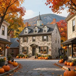 small new england stone colonial city street with shops and pumpkins, maple trees with fall foliage, new hampshire mountain, stone street, volumetric, realistic, cinematic lighting, ray tracing, unreal engine 5, octane render, hyper realistic, photo, 8 k