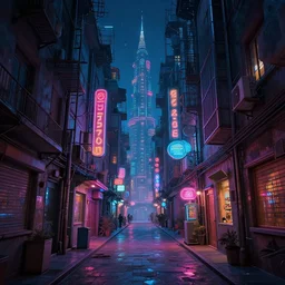 an alley of a utopian city at night by moebius and kilian eng, atmospheric, fine details, vivid, neon, masterpiece