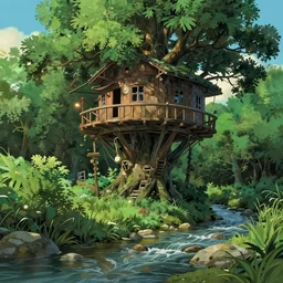 A  massive tree house above a gentle stream running down below by studio ghibli,peaceful atmosphere, serene lighting ,digital art , highly detailed , high contrast, beautiful lighting, award winning , trending on art station, photorealistic, 8k