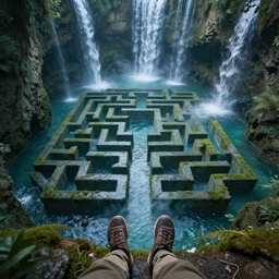 first person perspective of an explorer at the beginning of a stylized maze made of water, deep underground waterfalls, photo real, ultra detailed, 8 k render