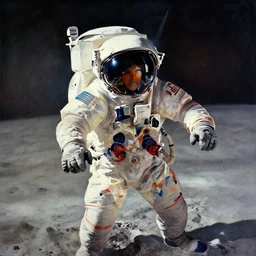 portrait of first moon landing, colorful, modern art deco, mads berg, karolis strautniekas, christopher balaskas, stippled light, moody, fine texture, editorial illustration, dramatic lighting, dynamic composition, detailed, matte print, dynamic perspective, muted color, ( ( victo ngai ) ), wide angle, low fog