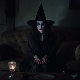 creepy witch sitting in dark living room, horror movie still, realistic, found footage, atmospheric, evil, nightmare, film grain