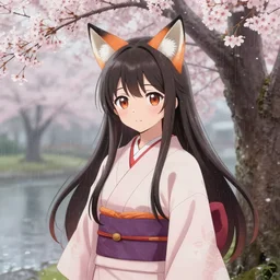 an anime art of a cute girl with fox ears wearing kimono at a sakura tree by krenz cushart, rainy day, 8 k resolution, oc commission, high quality, highly detailed, long hair, illustration, artstation