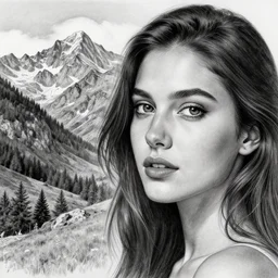 amazing blend effect of beautiful mountain scenery with a beautiful woman face, charcoal drawing, hyper - realistic, in the style of matteo pasqualin, amazing detail, black and white
