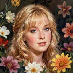 young Dolly Parton portrait surrounded by flowers, posterized, floral,