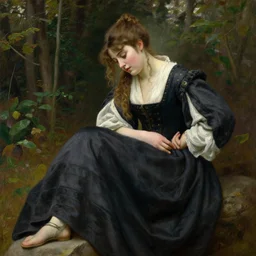 “portrait painting by Edmund Blair Leighton of a beautiful young woman in medieval clothes, looking down at her feet with a confused expression, touching her waist with her hand, forest in the background, 4k oil on linen by Edmund Blair Leighton, highly detailed, soft lighting 8k resolution”